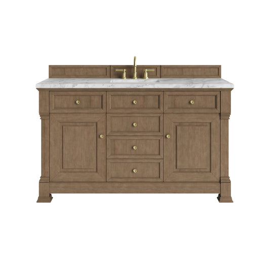 Brookfield 60" Single Vanity, Pecan w/ 3 CM Carrara White Marble Top