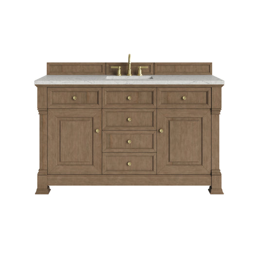 Brookfield 60" Single Vanity, Pecan w/ 3 CM Eternal Jasmine Pearl Silestone Top w/ FreePower Wireless Charger