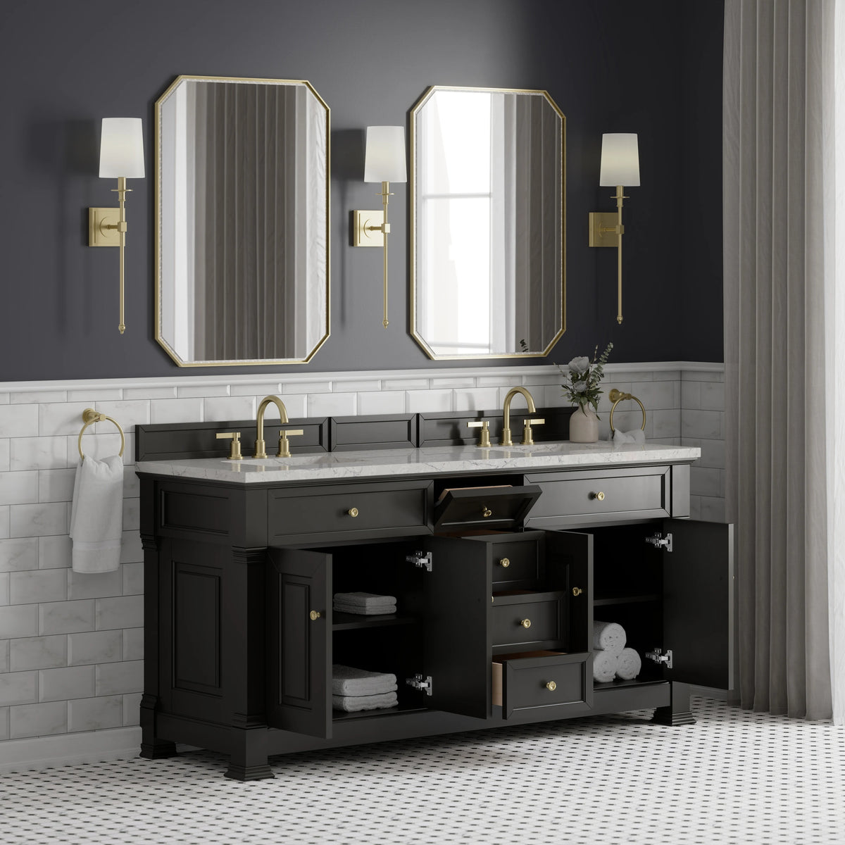 Brookfield 72" Double Vanity, Black Onyx w/ 3 CM Eternal Jasmine Pearl Silestone Top, view 5