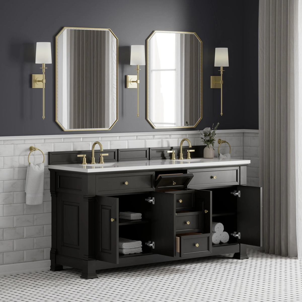 Brookfield 72" Double Vanity, Black Onyx, w/ 3 CM White Zeus Silestone Top, view 5