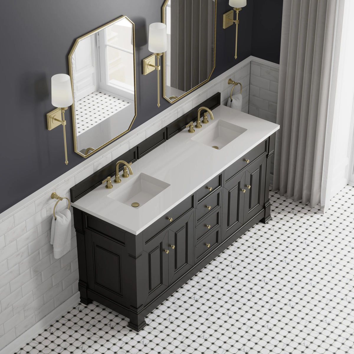 Brookfield 72" Double Vanity, Black Onyx, w/ 3 CM White Zeus Silestone Top, view 7