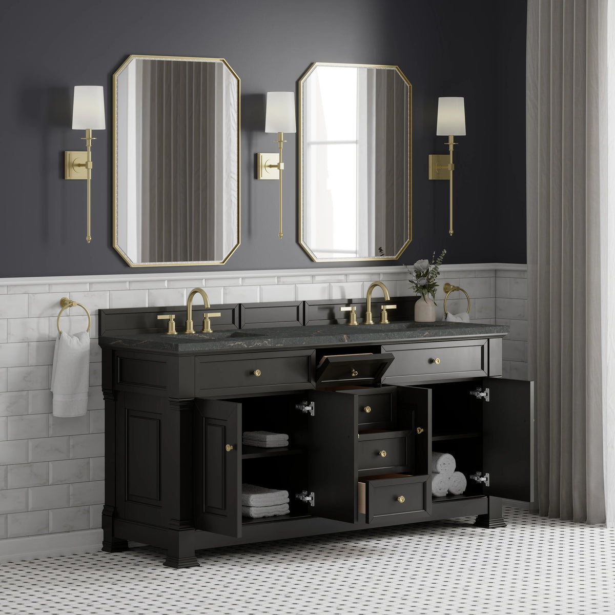 Brookfield 72" Double Vanity, Black Onyx w/ 3 CM Parisien Bleu Silestone Top w/ FreePower Wireless Charger, view 9