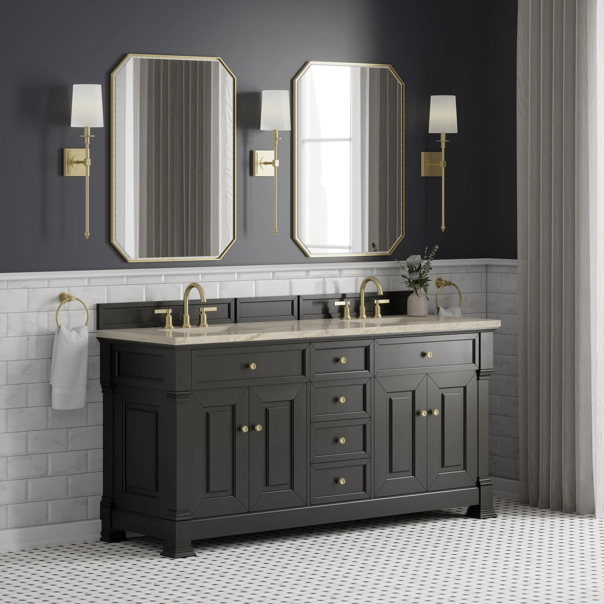 Brookfield 72" Double Vanity, Black Onyx, w/ 3 CM Tajnar Eclos Top w/FreePower Wireless Charger, view 6