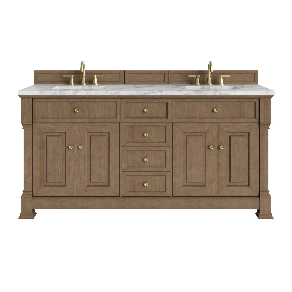 Brookfield 72" Double Vanity, Pecan w/ 3 CM Carrara White Marble Top