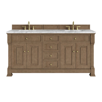 Brookfield 72" Double Vanity, Pecan w/ 3 CM Carrara White Marble Top