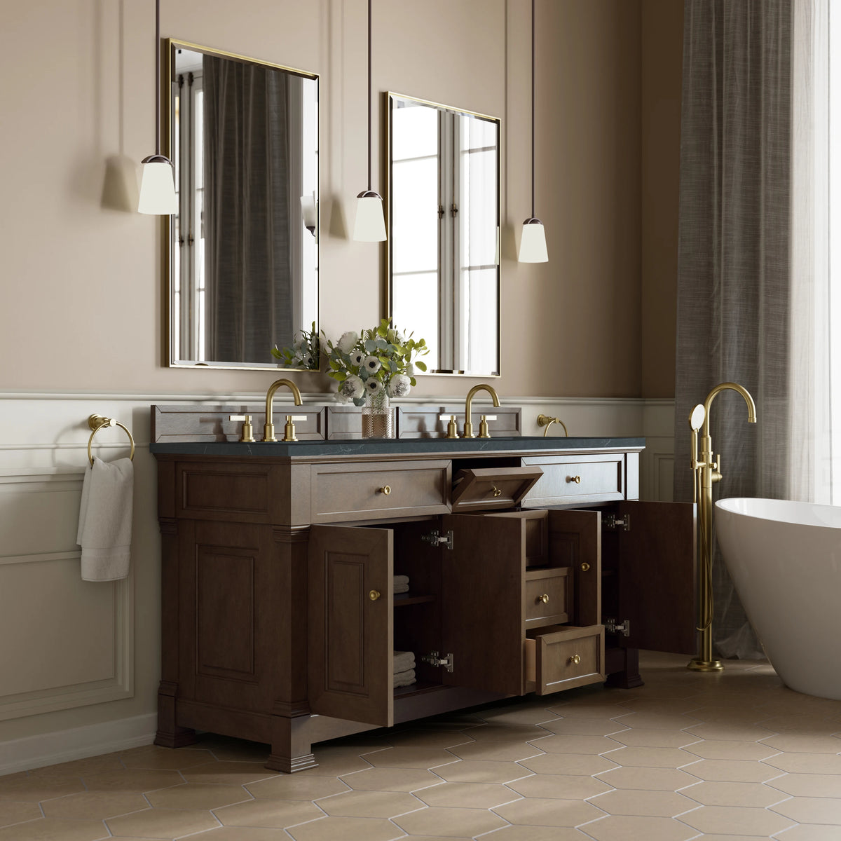Brookfield 72" Double Vanity, Pecan, w/ 3 CM Charcoal Soapstone Silestone Top, view 5
