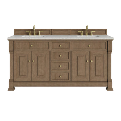 Brookfield 72" Double Vanity, Pecan w/ 3 CM Eternal Jasmine Pearl Silestone Top