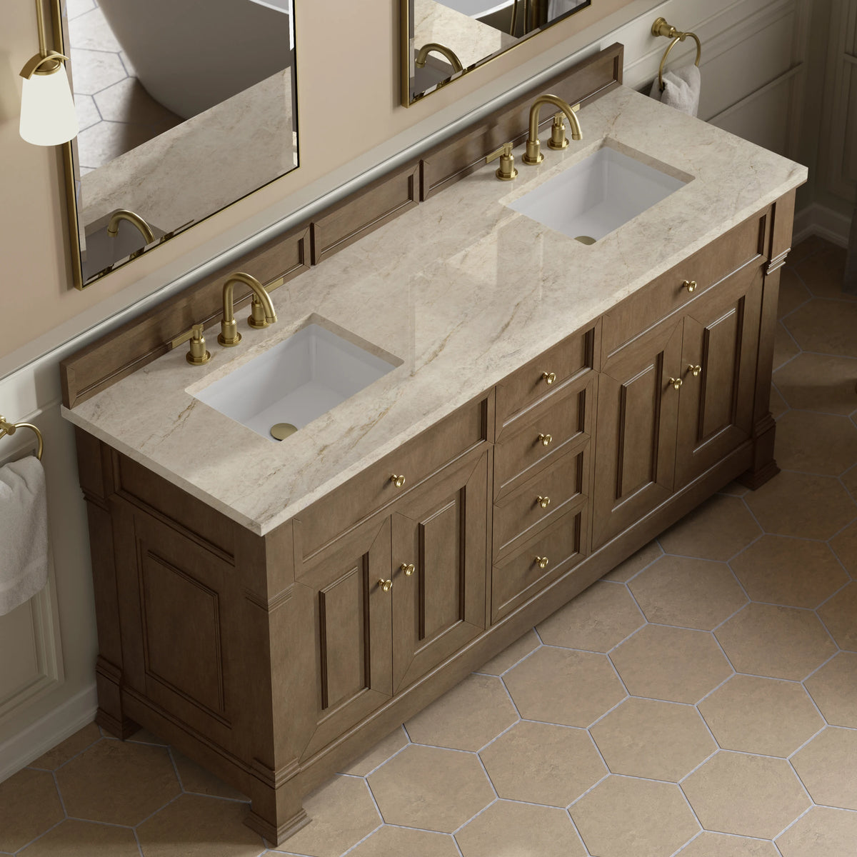 Brookfield 72" Double Vanity, Pecan, w/ 3 CM Tajnar Eclos Top, view 7