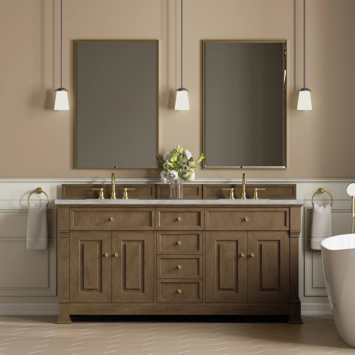Brookfield 72" Double Vanity, Pecan w/ 3 CM Victorian Silver  Silestone Top, view 3