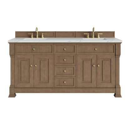 Brookfield 72" Double Vanity, Pecan w/ 3 CM Ethereal Noctis Silestone Top w/ FreePower Wireless Charger
