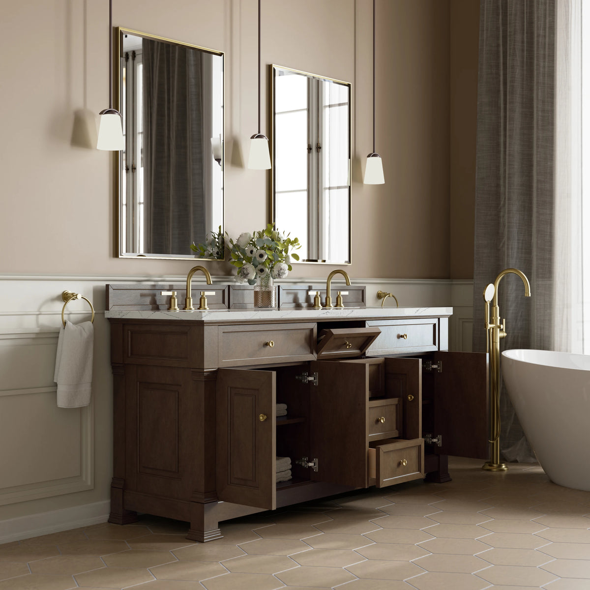 Brookfield 72" Double Vanity, Pecan w/ 3 CM Ethereal Noctis Silestone Top w/ FreePower Wireless Charger, view 8