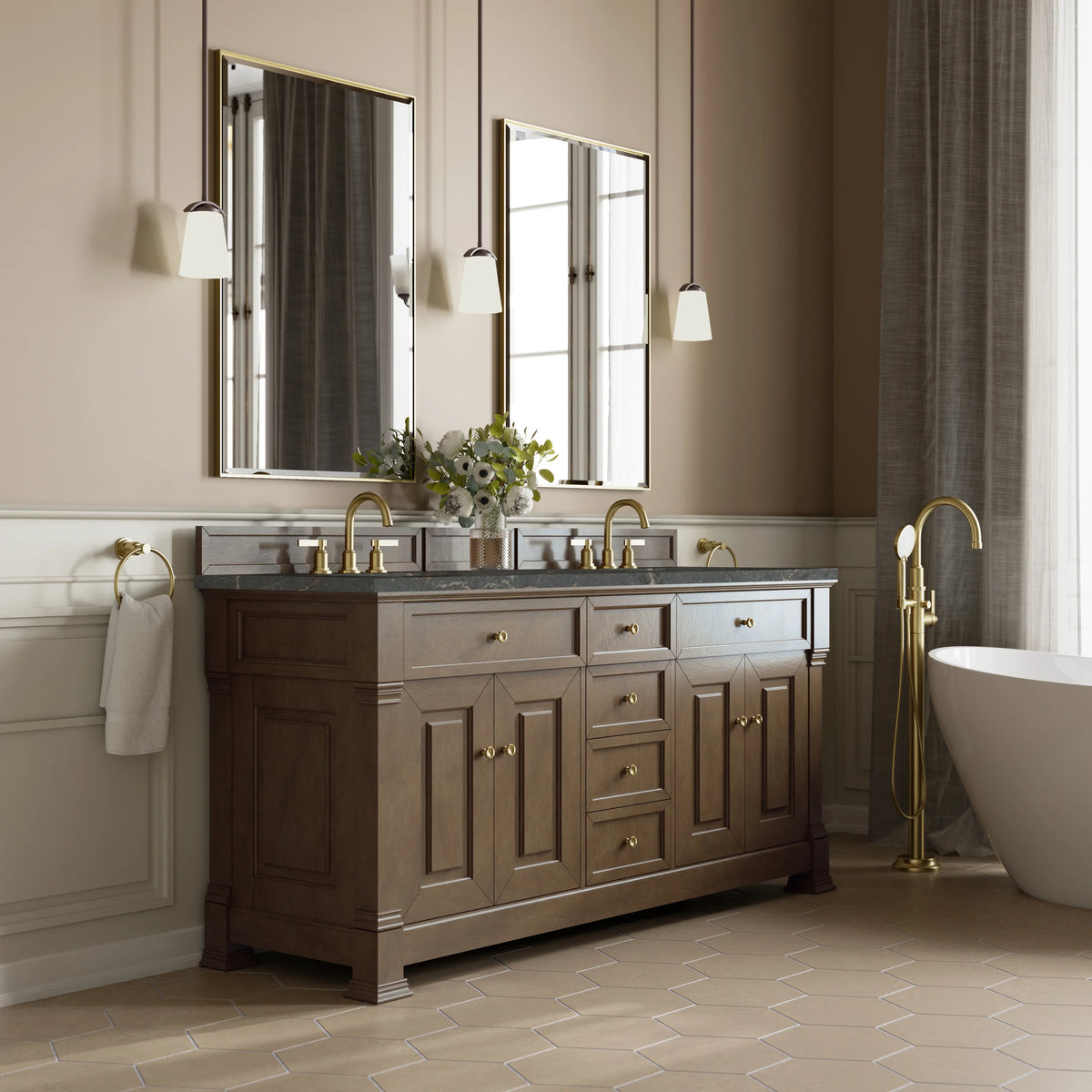 Brookfield 72" Double Vanity, Pecan w/ 3 CM Parisien Bleu Silestone Top w/ FreePower Wireless Charger, view 7