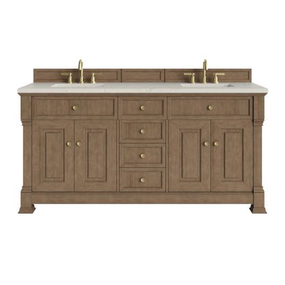 Brookfield 72" Double Vanity, Pecan, w/ 3 CM Siberian Silestone Top w/FreePower Wireless Charger