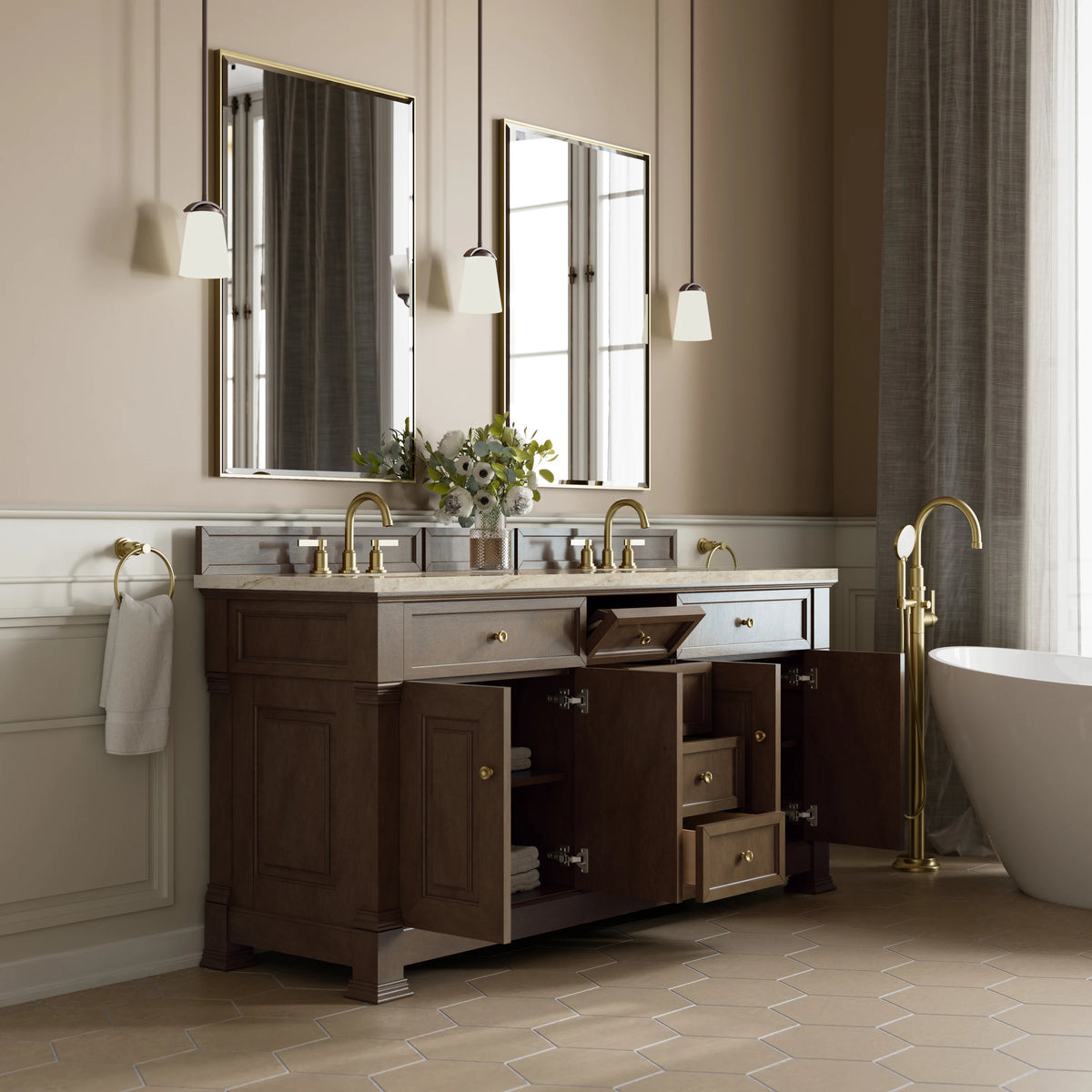 Brookfield 72" Double Vanity, Pecan, w/ 3 CM Tajnar Eclos Top w/FreePower Wireless Charger, view 7