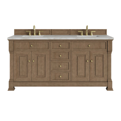 Brookfield 72" Double Vanity, Pecan w/ 3 CM Victorian Silver  Silestone Top w/ FreePower Wireless Charger