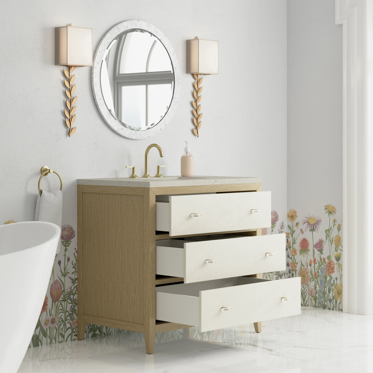 Celeste 36" Single Vanity, Sunwashed Oak with Embossed Shagreen, w/ 3 CM Siberian Silestone Top, view 5
