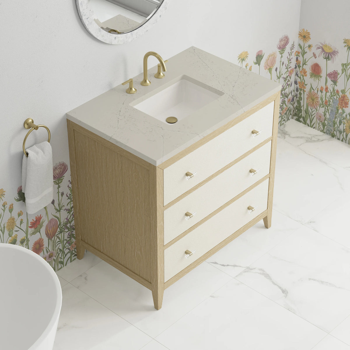 Celeste 36" Single Vanity, Sunwashed Oak with Embossed Shagreen, w/ 3 CM Siberian Silestone Top, view 7
