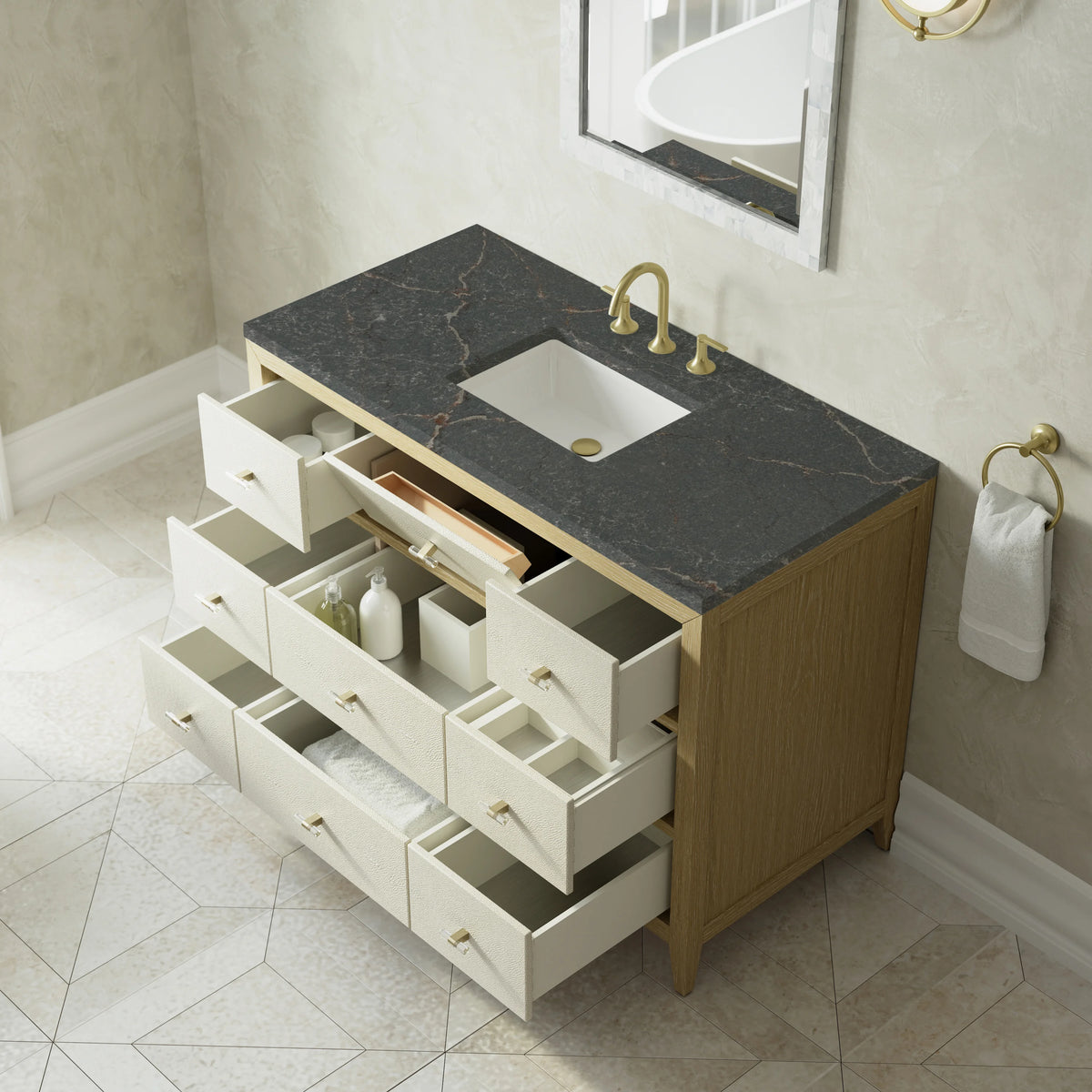 Celeste 48" Single Vanity, Sunwashed Oak with Embossed Shagreen w/ 3 CM Parisien Bleu Silestone Top, view 8
