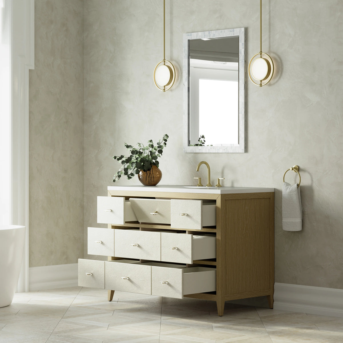 Celeste 48" Single Vanity, Sunwashed Oak with Embossed Shagreen w/ 3 CM White Zeus Silestone Top, view 5