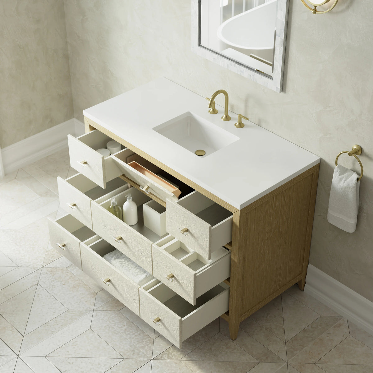 Celeste 48" Single Vanity, Sunwashed Oak with Embossed Shagreen w/ 3 CM White Zeus Silestone Top, view 8