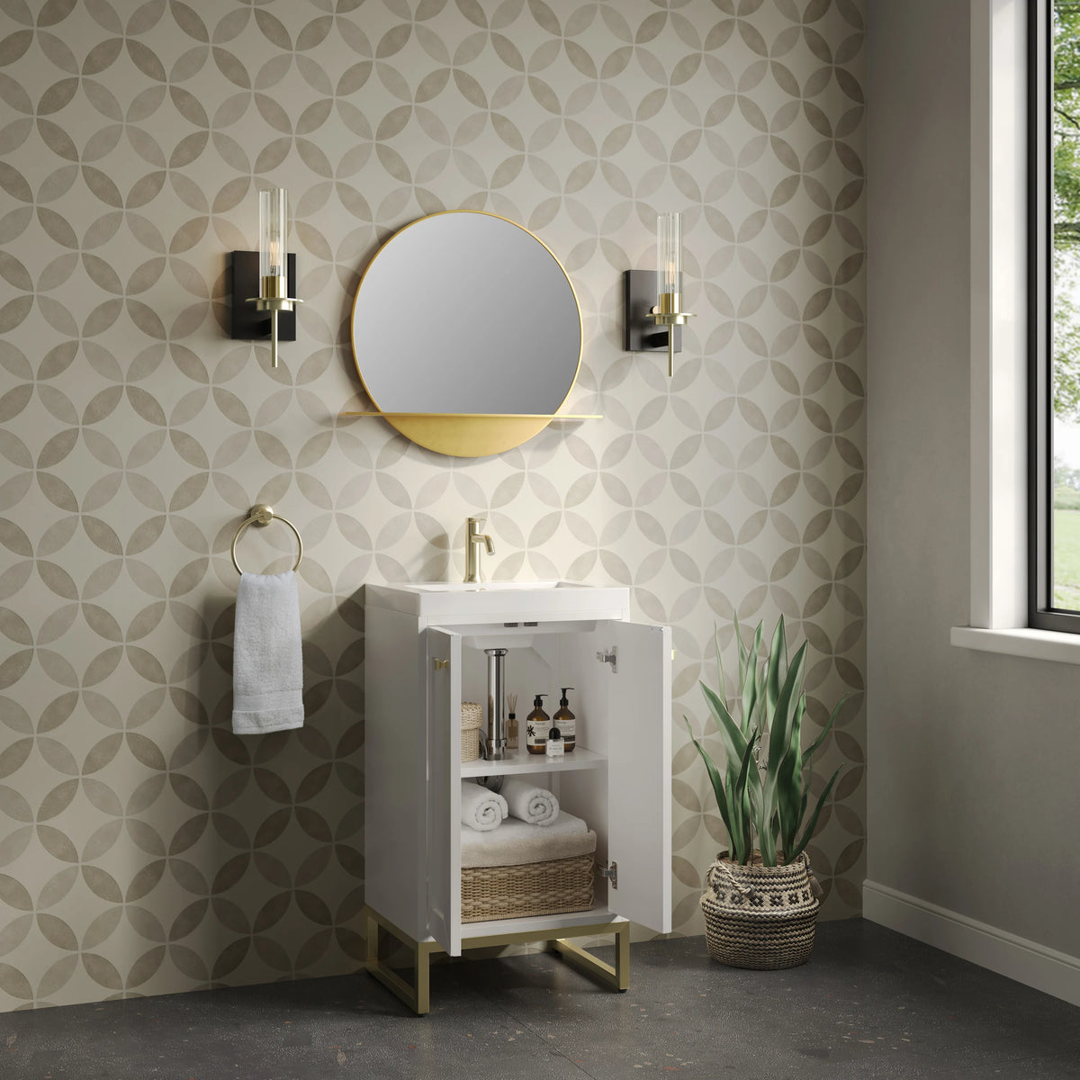 Chianti 20" Single Vanity, Glossy White, Champagne Brass, w/ White Glossy Composite Stone Top, view 11