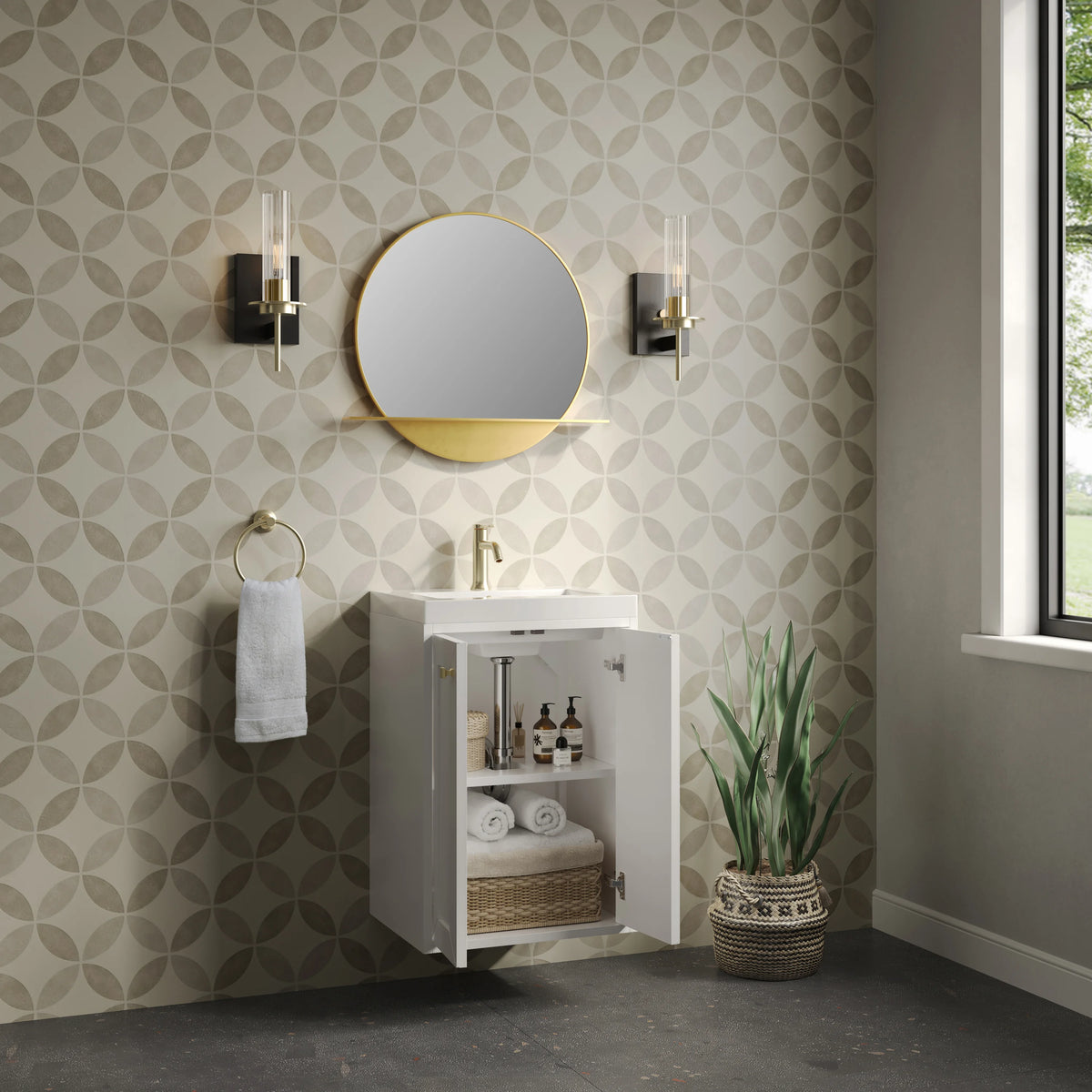 Chianti 20" Single Vanity, Glossy White, Champagne Brass, w/ White Glossy Composite Stone Top, view 12