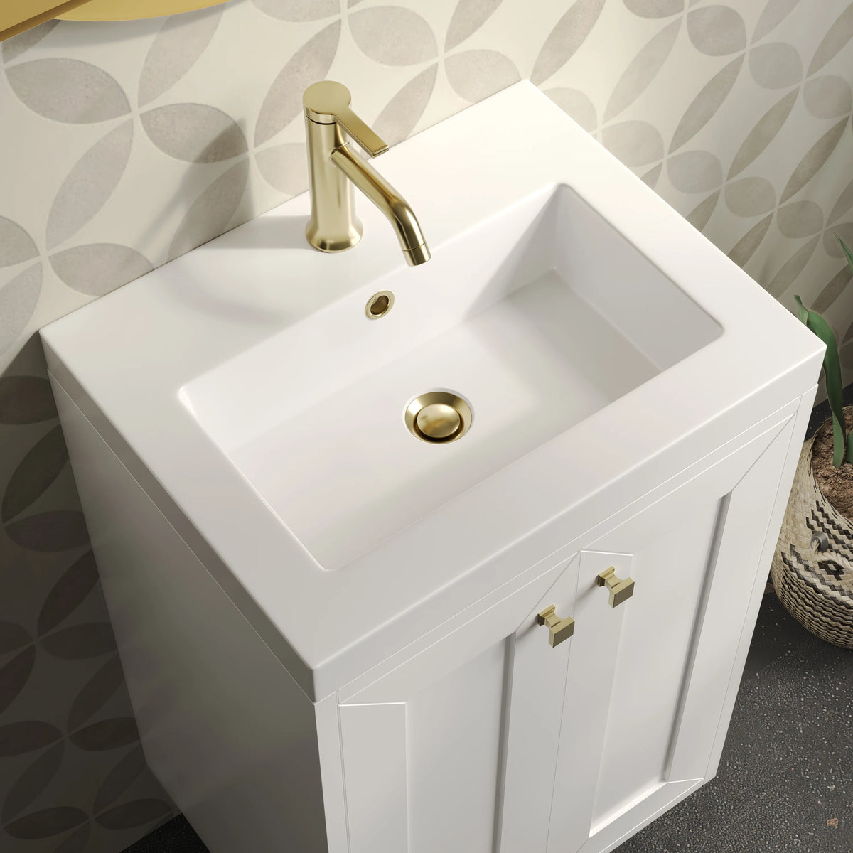 Chianti 20" Single Vanity, Glossy White, Champagne Brass, w/ White Glossy Composite Stone Top, view 14