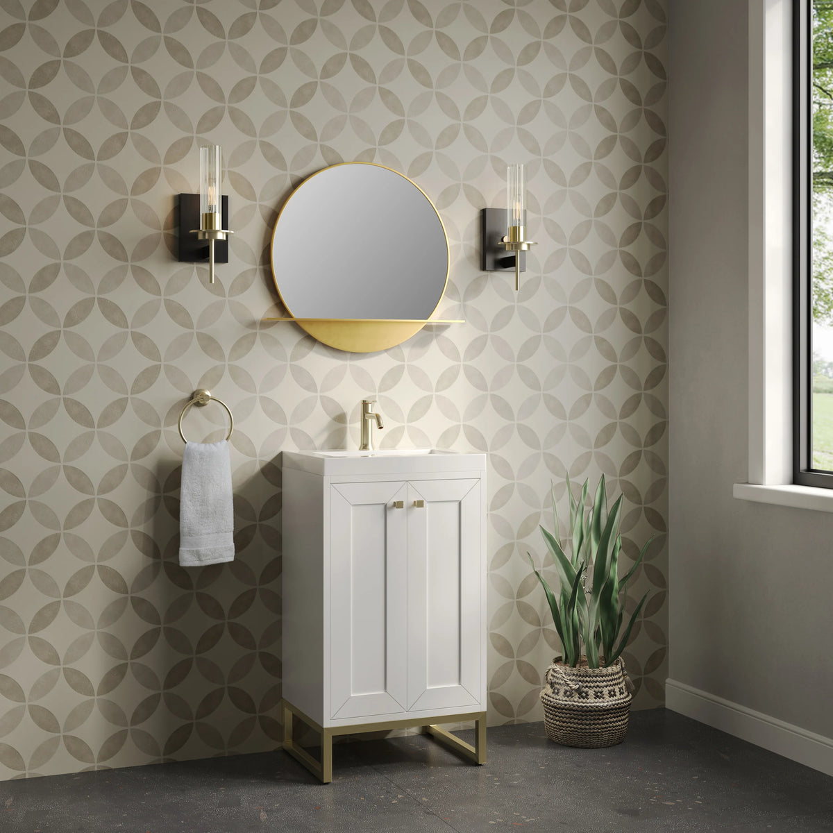 Chianti 20" Single Vanity, Glossy White, Champagne Brass, w/ White Glossy Composite Stone Top, view 9