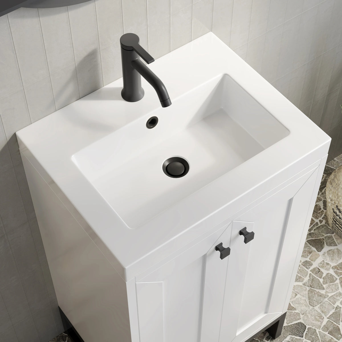Chianti 20" Single Vanity, Glossy White, Matte Black, w/ White Glossy Composite Stone Top, view 14