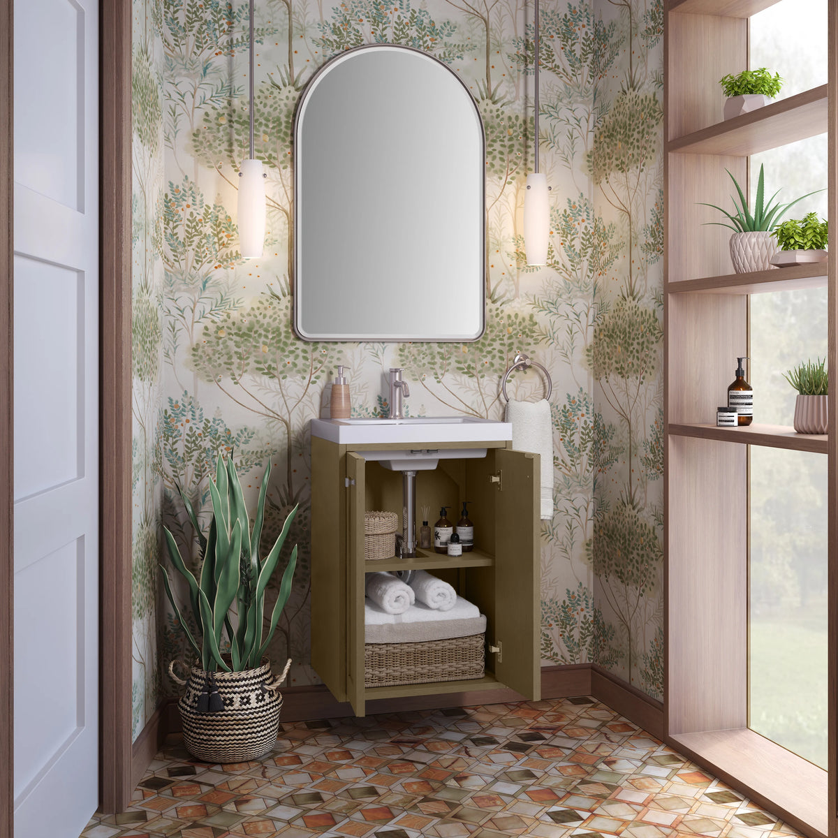 Chianti 20" Single Vanity, Walnut Whisper, Brushed Nickel, w/ White Glossy Composite Stone Top, view 11