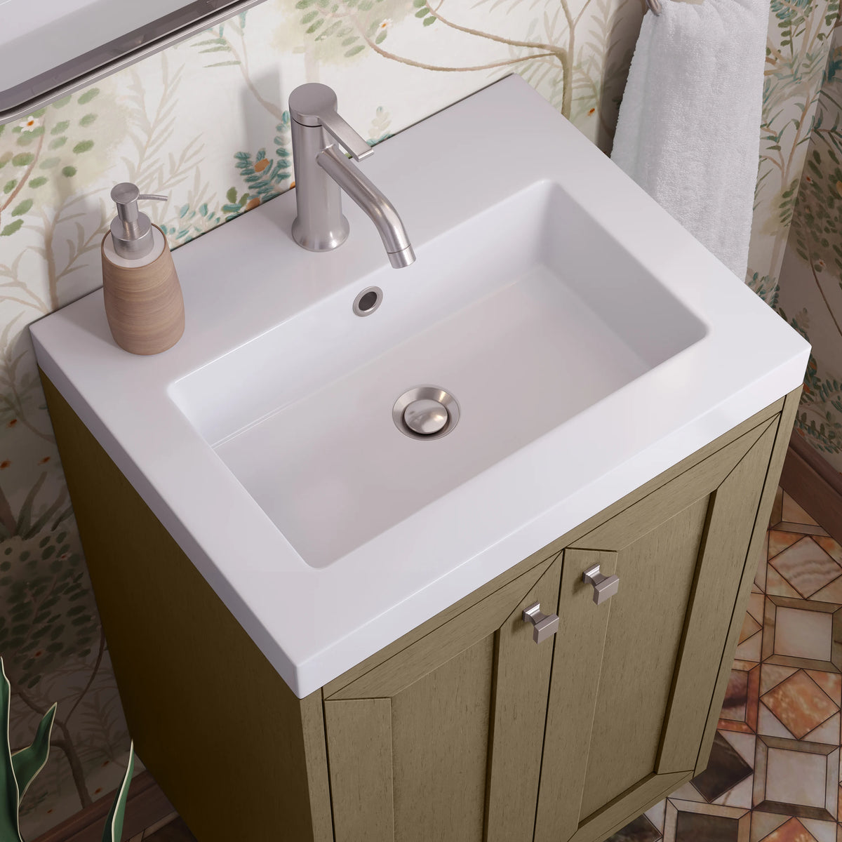 Chianti 20" Single Vanity, Walnut Whisper, Brushed Nickel, w/ White Glossy Composite Stone Top, view 14