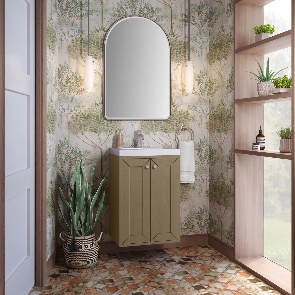 Chianti 20" Single Vanity, Walnut Whisper, Brushed Nickel, w/ White Glossy Composite Stone Top, view 9