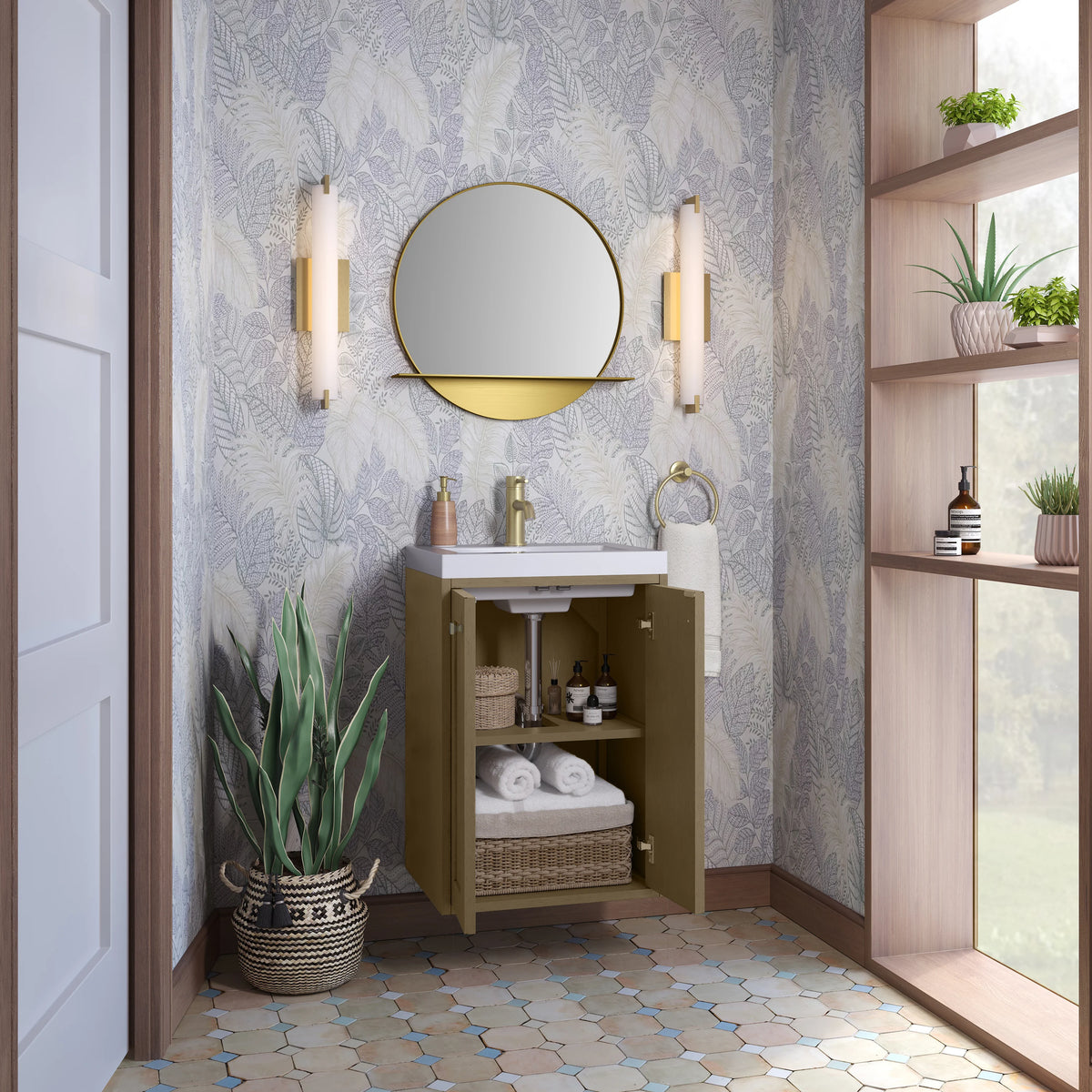 Chianti 20" Single Vanity, Walnut Whisper, Champagne Brass, w/ White Glossy Composite Stone Top, view 10