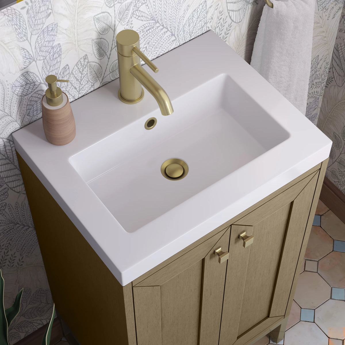 Chianti 20" Single Vanity, Walnut Whisper, Champagne Brass, w/ White Glossy Composite Stone Top, view 12