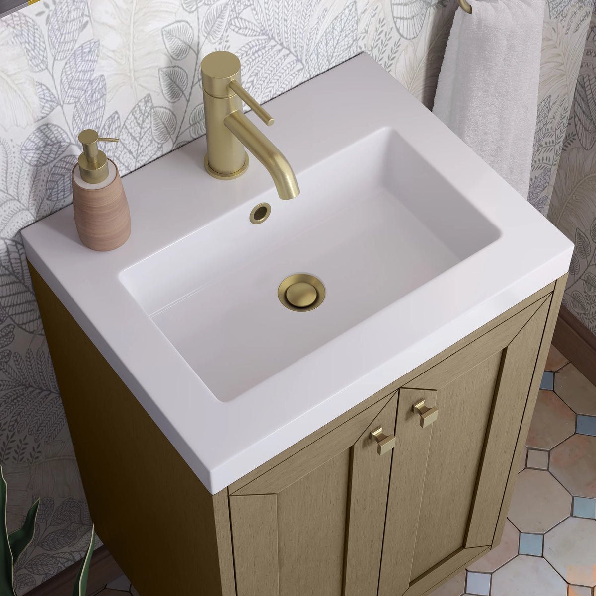 Chianti 20" Single Vanity, Walnut Whisper, Champagne Brass, w/ White Glossy Composite Stone Top, view 13