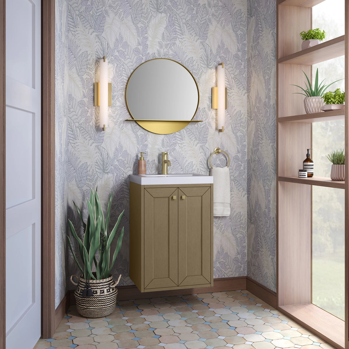 Chianti 20" Single Vanity, Walnut Whisper, Champagne Brass, w/ White Glossy Composite Stone Top, view 8
