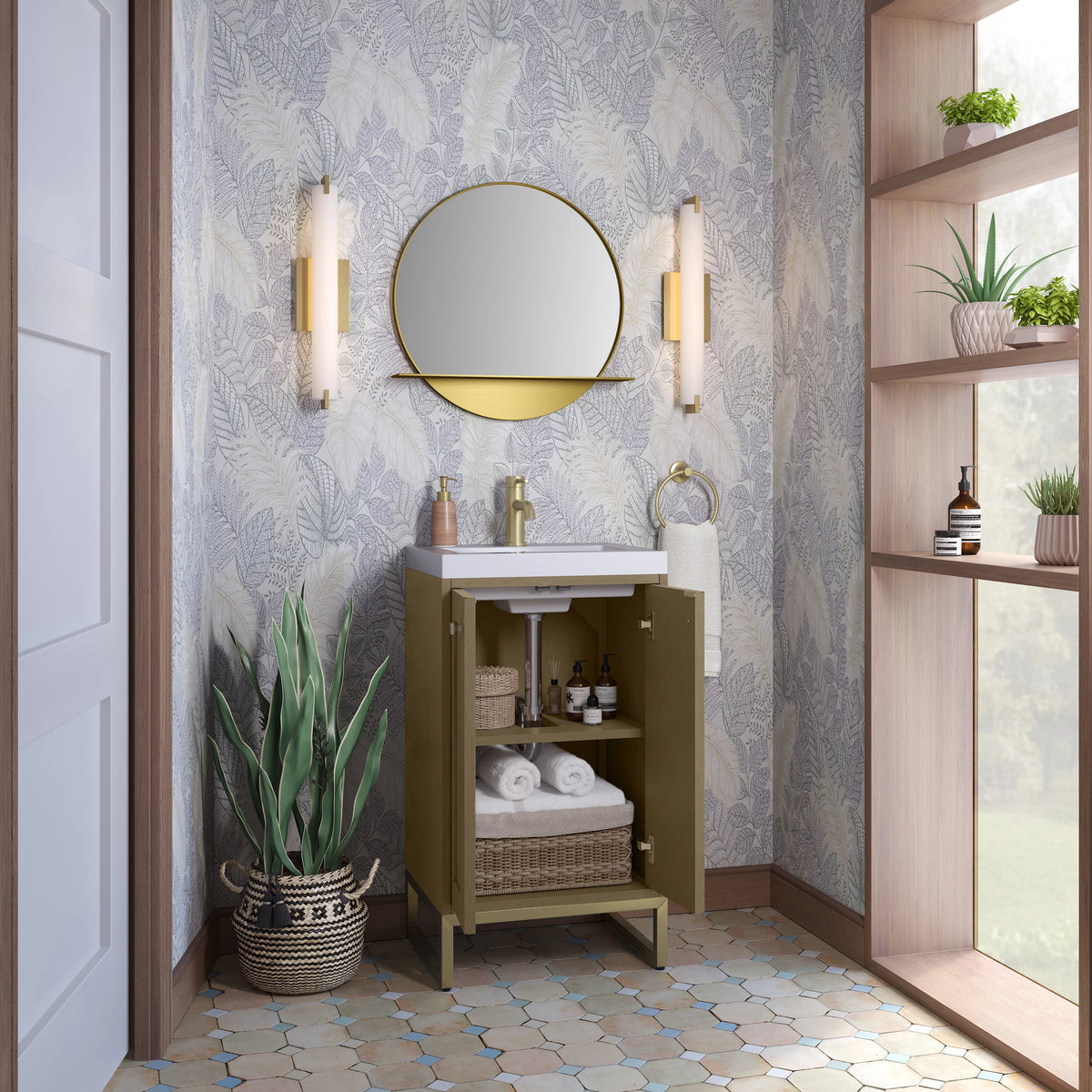 Chianti 20" Single Vanity, Walnut Whisper, Champagne Brass, w/ White Glossy Composite Stone Top, view 9