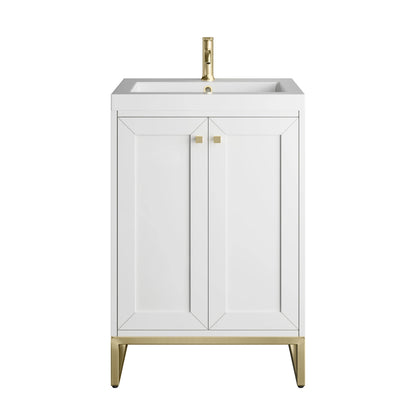 Chianti 24" Single Vanity, Glossy White, Champagne Brass, w/ White Glossy Composite Stone Top, view 2
