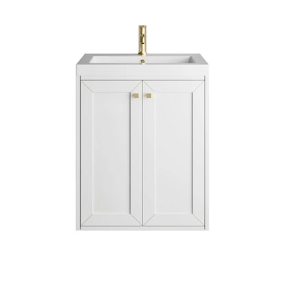 Chianti 24" Single Vanity, Glossy White, Champagne Brass, w/ White Glossy Composite Stone Top, view 3