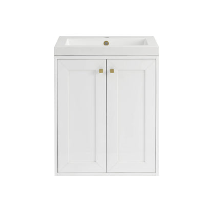 Chianti 24" Single Vanity, Glossy White, Champagne Brass, w/ White Glossy Composite Stone Top, view 4