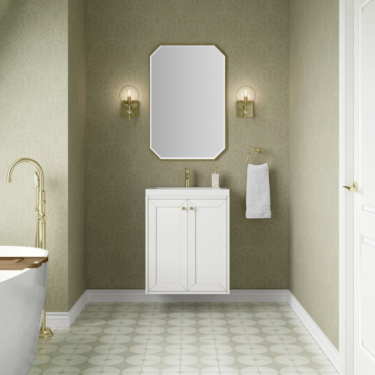 Chianti 24" Single Vanity, Glossy White, Champagne Brass, w/ White Glossy Composite Stone Top, view 6