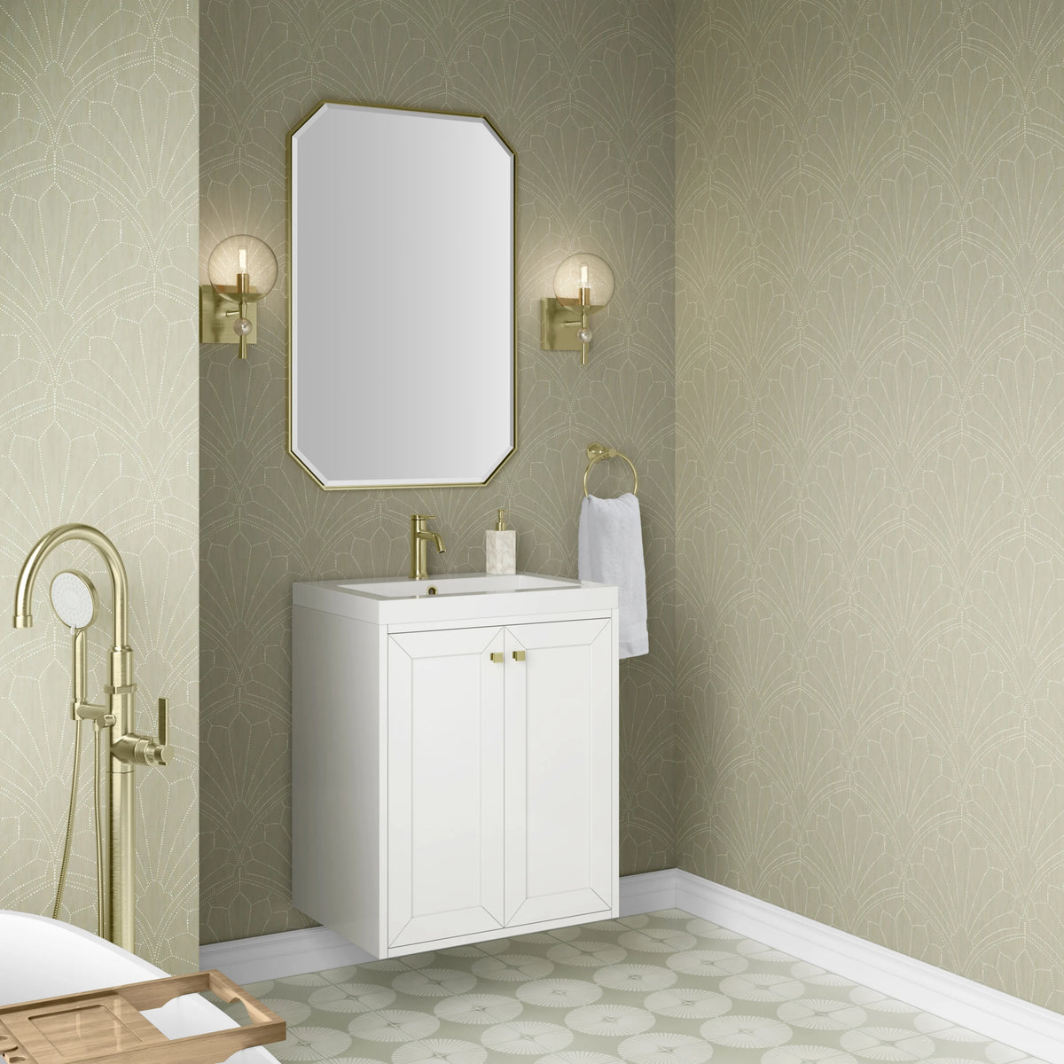 Chianti 24" Single Vanity, Glossy White, Champagne Brass, w/ White Glossy Composite Stone Top, view 8