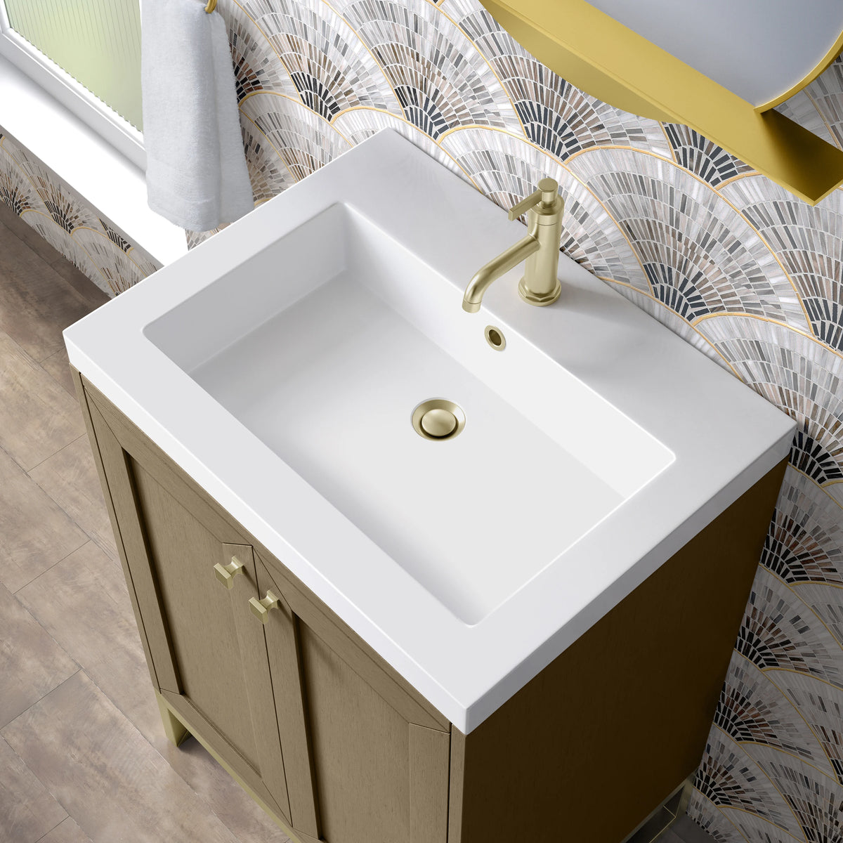 Chianti 24" Single Vanity, Walnut Whisper, Champagne Brass, w/ White Glossy Composite Stone Top, view 12