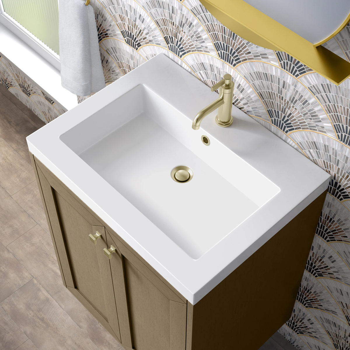 Chianti 24" Single Vanity, Walnut Whisper, Champagne Brass, w/ White Glossy Composite Stone Top, view 13