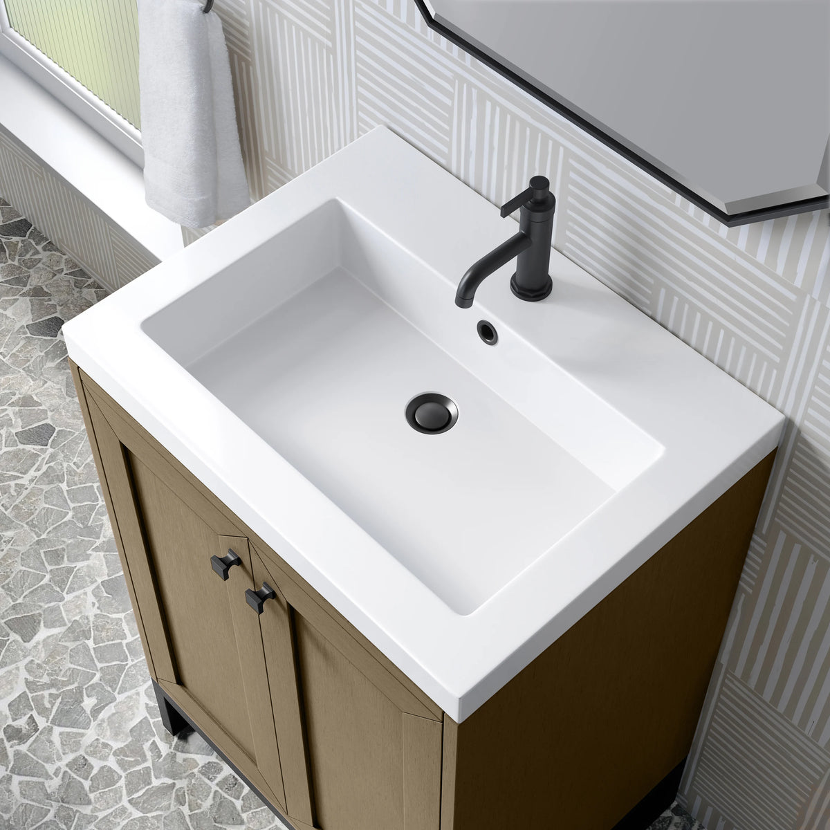 Chianti 24" Single Vanity, Walnut Whisper, Matte Black, w/ White Glossy Composite Stone Top, view 12