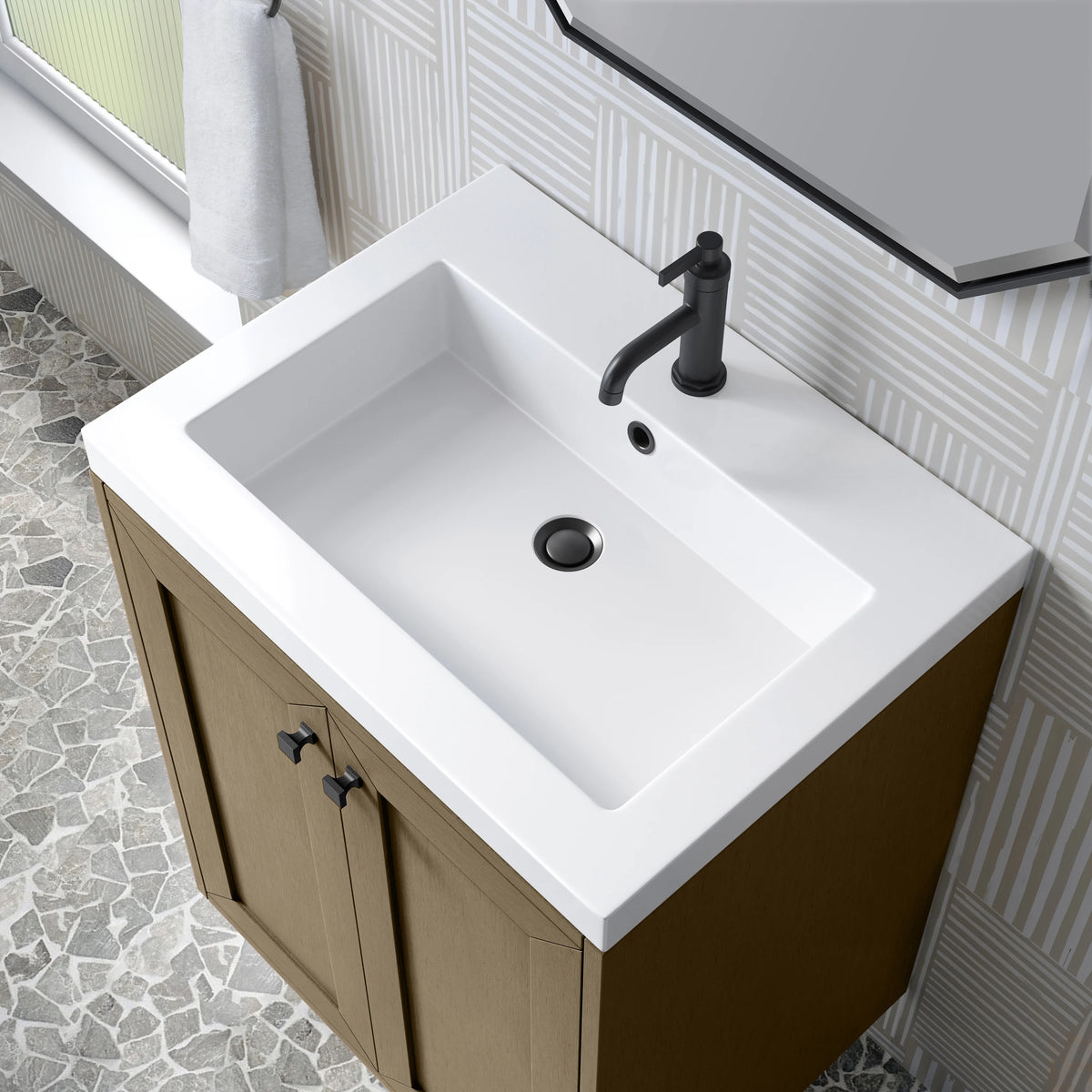 Chianti 24" Single Vanity, Walnut Whisper, Matte Black, w/ White Glossy Composite Stone Top, view 13