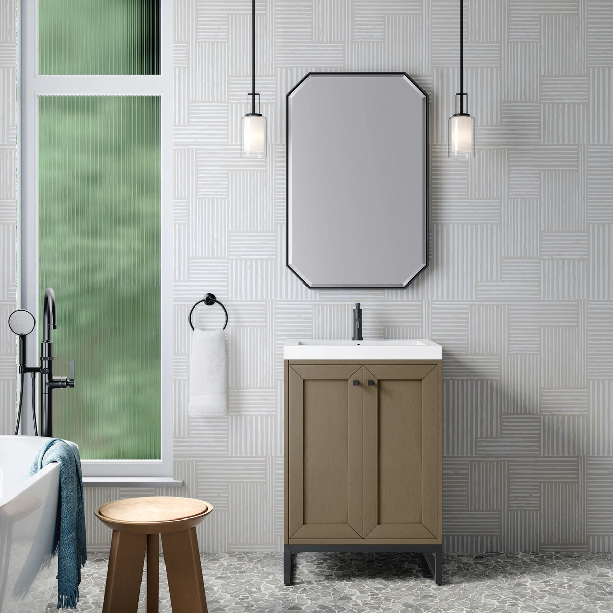 Chianti 24" Single Vanity, Walnut Whisper, Matte Black, w/ White Glossy Composite Stone Top, view 5