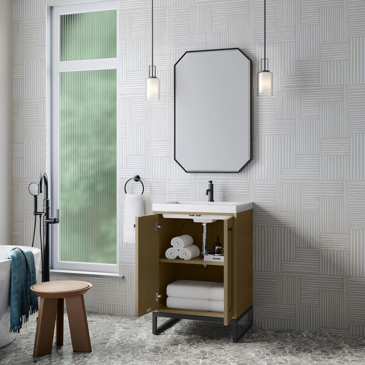Chianti 24" Single Vanity, Walnut Whisper, Matte Black, w/ White Glossy Composite Stone Top, view 9