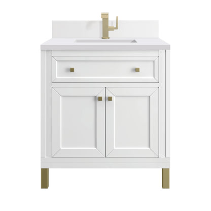 Chicago 30" Single Vanity, Glossy White, w/ Single Hole 3CM White Zeus Silestone® Top & Backsplash