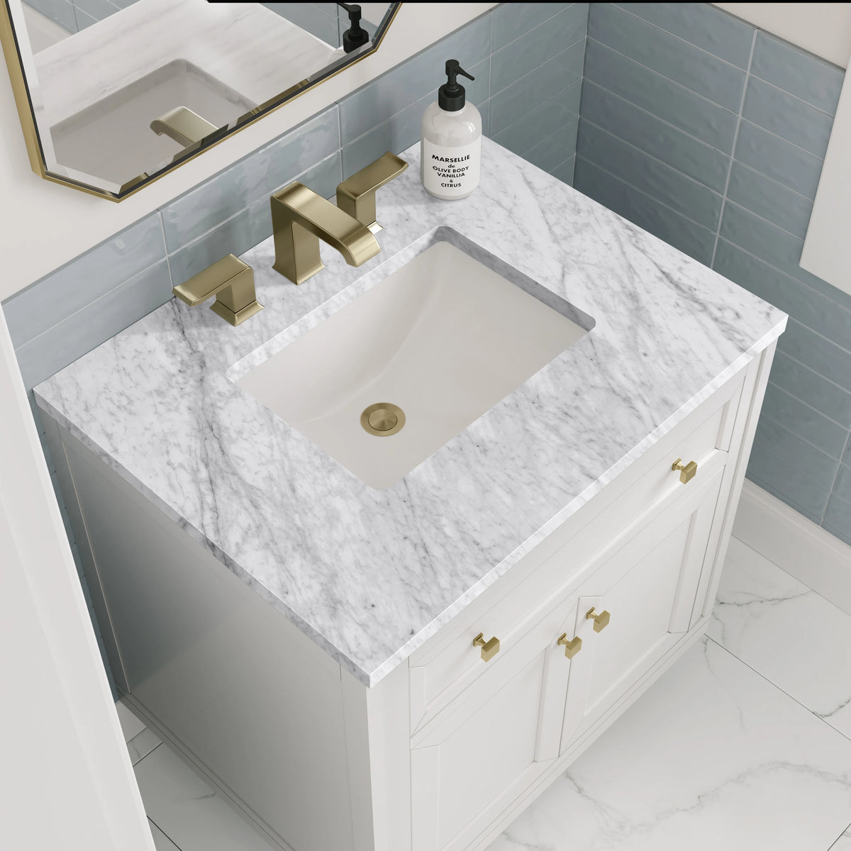 Chicago 30" Single Vanity, Glossy White, w/ 3 CM Carrara Marble Top, view 8